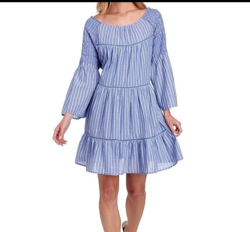 Free People LOLA Blue Striped Embroidered Tassel Tiered Babydoll Mini Dress M